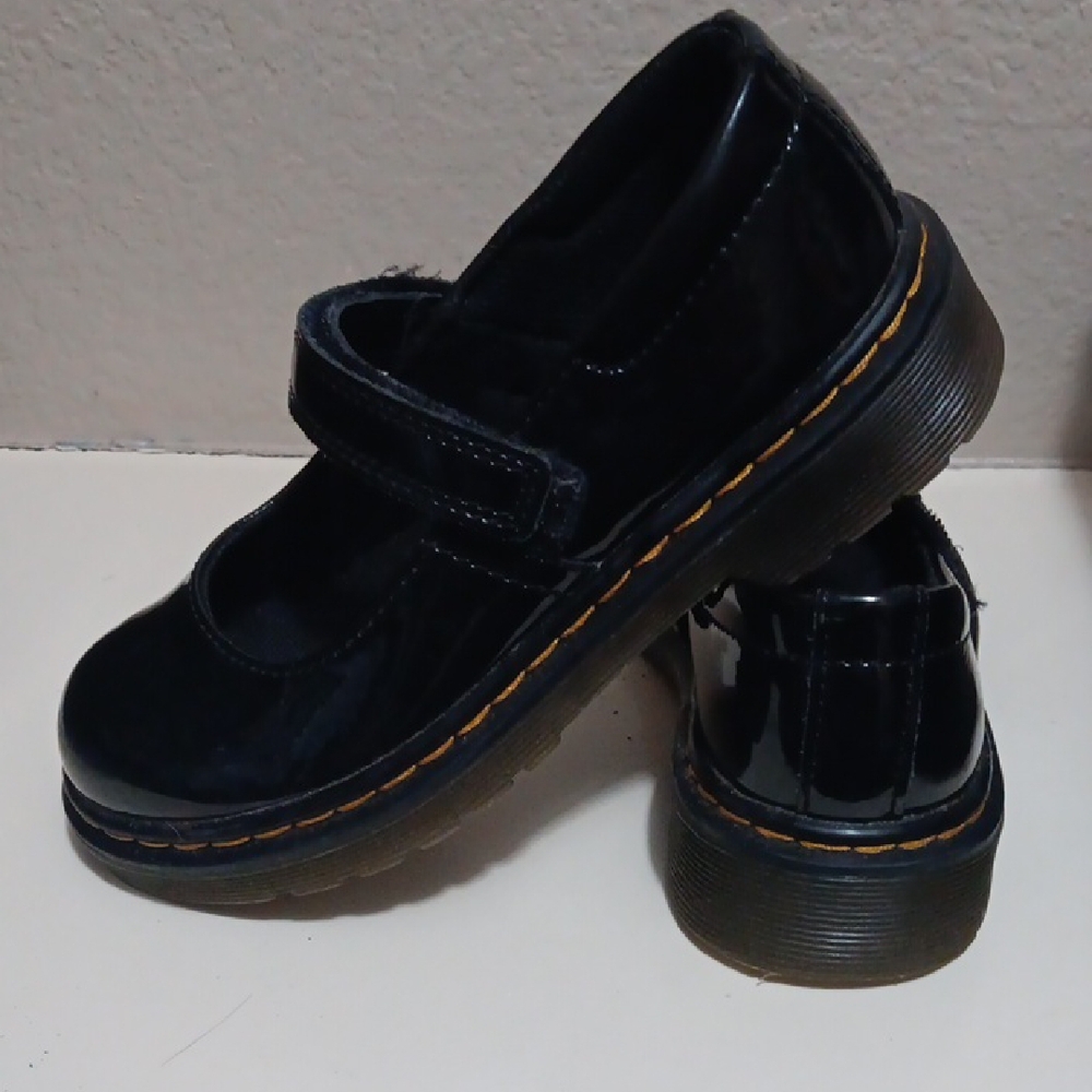 Dr. Martens Black Patent Kids Mary Jane Shoes with Yellow Stitching